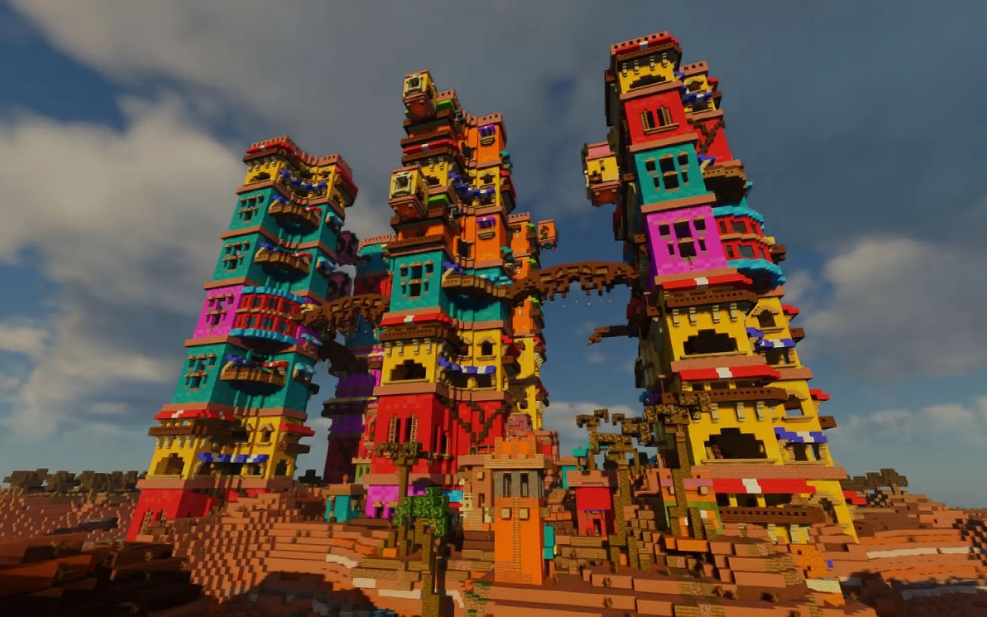 A very impressive Minecraft city in in a mesa biome.