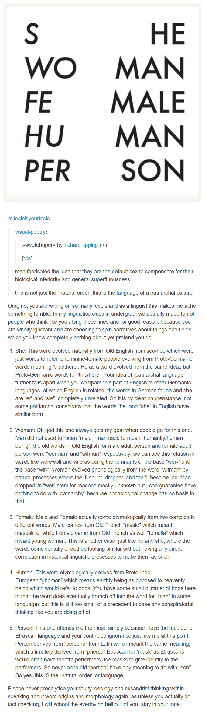 A lengthy viral post asserting words like male and female are unrelated.