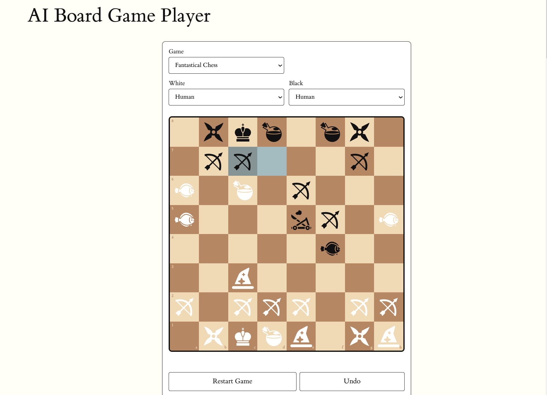 A website for playing board games, set to Fantastical Chess